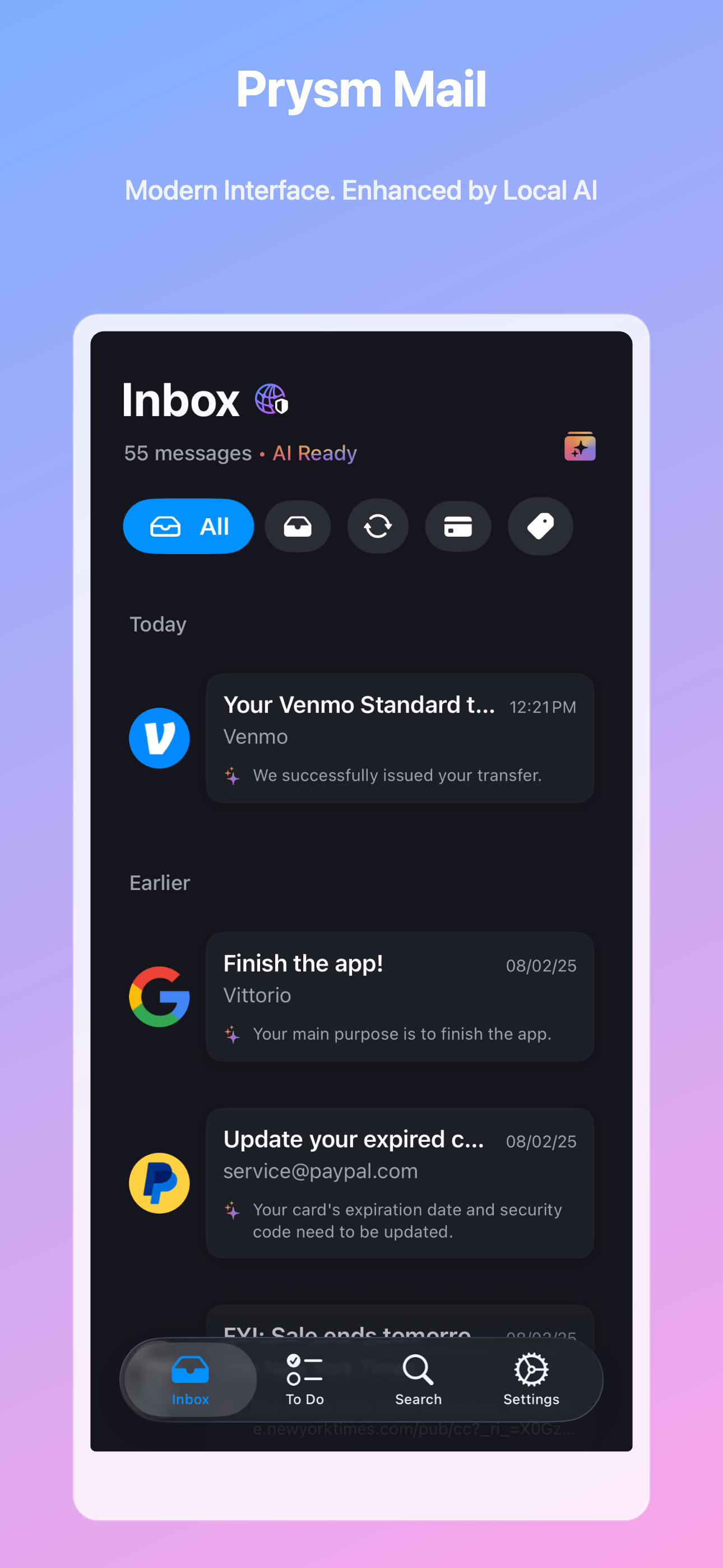 Prysm Mail interface overview showing the main inbox view with the Liquid Glass UI effect